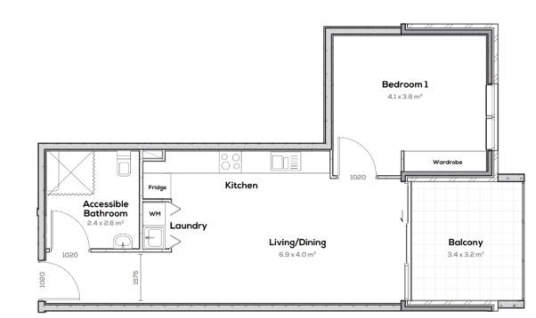 Guildford 1 bed apartment floor plan