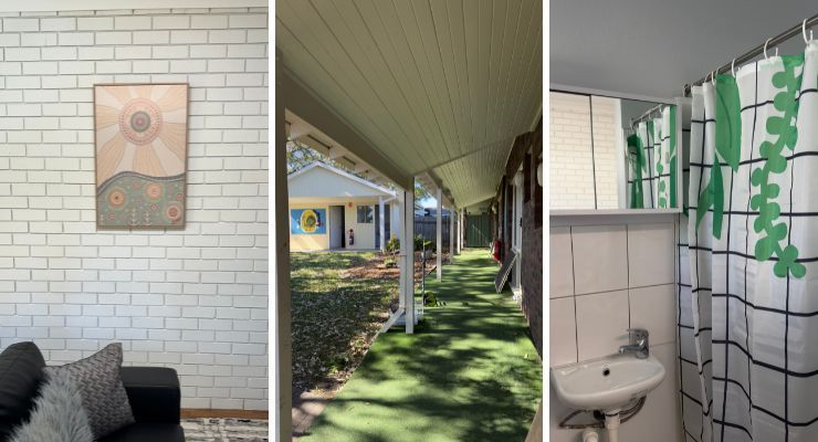 Collage: Lounge, Shared Space and Bathroom