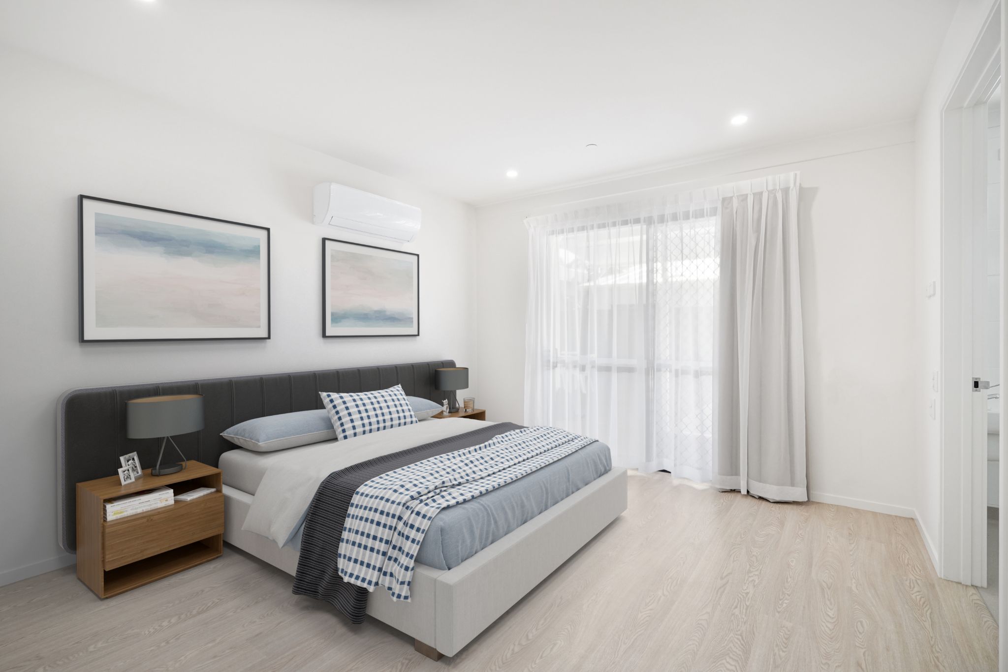 stage bedroom   bed bedside table lamp picture on wall