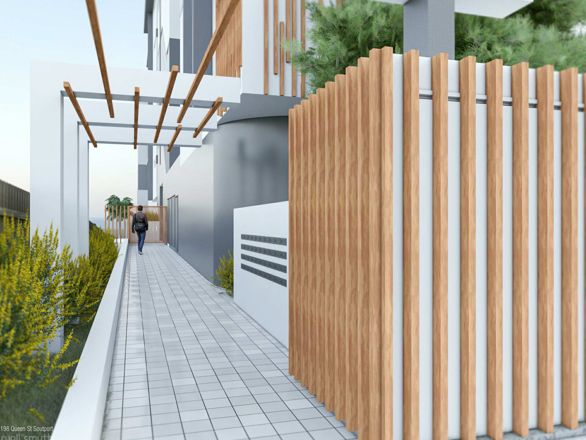 Render of apartment from Pohlman Street Towards Entry